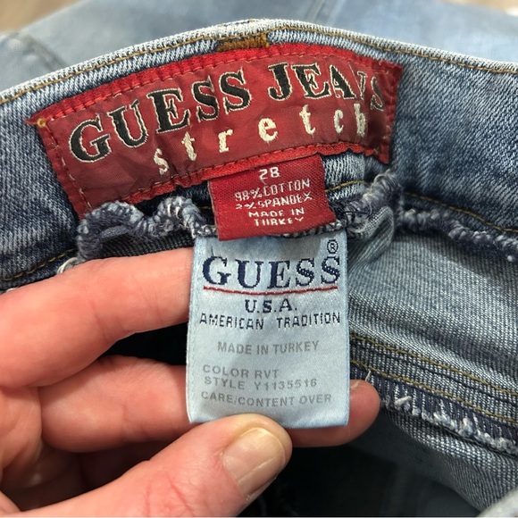 Vintage Guess Y2K Denim Jean Mini Distressed Stretch Skirt Women’s Size 28” - Picture 4 of 5